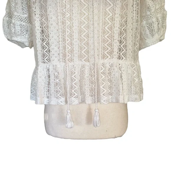 Mango MNG White Eyelet Lace Smocked Ruffle Tie Front Tassel Cropped Blouse - XS - Picture 4 of 9